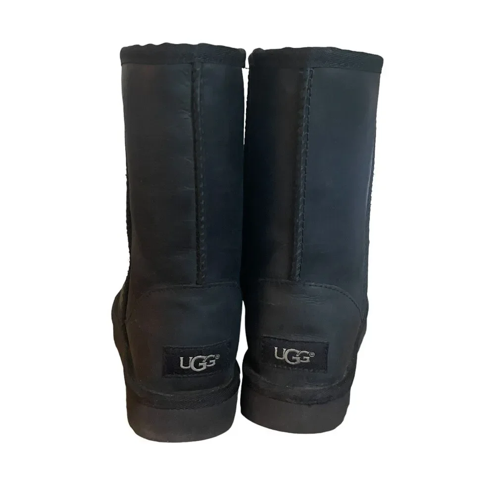 UGG Classic Short Boots Womens Size 5 Black Leather 1016559 Mid Calf